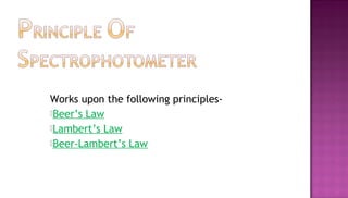 Works upon the following principles-
Beer’s Law
Lambert’s Law
Beer-Lambert’s Law
 