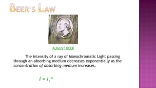 AUGUST BEER

      The intensity of a ray of Monochromatic Light passing
through an absorbing medium decreases exponentially as the
concentration of absorbing medium increases.


              I = I e-klc
 