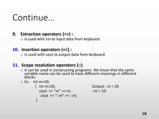 Continue…
9. Extraction operators (>>) :
o Is used with cin to input data from keyboard.
10. Insertion operators (<<) :
o Is used with cout to output data from keyboard.
11. Scope resolution operators (::)
o It can be used in constructing programs. We know that the same
variable name can be used to have different meanings in different
blocks.
o Ex : int m=10;
{ int m=20; Output : m = 20
cout << “m” << m; ::m = 10
cout << “::m” << ::m;
}
10
 