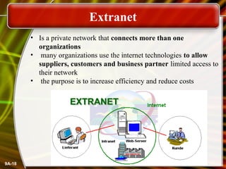 Extranet
• Is a private network that connects more than one
organizations
• many organizations use the internet technologies to allow
suppliers, customers and business partner limited access to
their network
• the purpose is to increase efficiency and reduce costs

9A-18

 