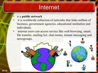 Internet
• is a public network
• it is worldwide collection of networks that links million of
business, government agencies, educational institution and
individuals.
• internet users can access service like web browsing, email,
file transfer, mailing list, chat rooms, instant messaging and
newsgroups.

9A-19

 
