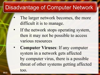 Disadvantage of Computer Network
•
•

•

9A-5

The larger network becomes, the more
difficult it is to manage.
If the network stops operating system,
then it may not be possible to access
various resources
Computer Viruses: If any computer
system in a network gets affected
by computer virus, there is a possible
threat of other systems getting affected
too.

 