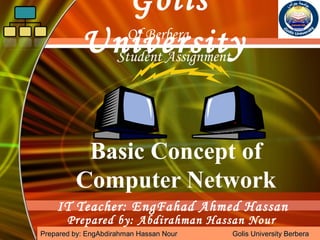 Golis
Of Berbera
University
Student Assignment
Basic Concept of
Computer Network
IT Teacher: EngFahad Ahmed Hassan
Prepared by: Abdirahman Hassan Nour

McGraw-Hill Technology Education
Copyright © 2006
Companies, Inc. All Berbera
Prepared by: EngAbdirahman Hassan Nour by The McGraw-Hill Golis Universityrights reserved.

 