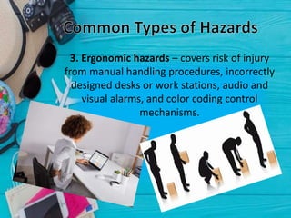 3. Ergonomic hazards – covers risk of injury
from manual handling procedures, incorrectly
designed desks or work stations, audio and
visual alarms, and color coding control
mechanisms.
 
