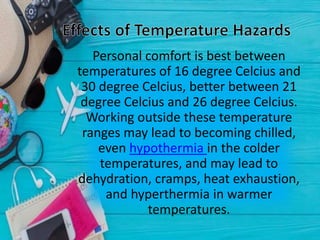 Personal comfort is best between
temperatures of 16 degree Celcius and
30 degree Celcius, better between 21
degree Celcius and 26 degree Celcius.
Working outside these temperature
ranges may lead to becoming chilled,
even hypothermia in the colder
temperatures, and may lead to
dehydration, cramps, heat exhaustion,
and hyperthermia in warmer
temperatures.
 