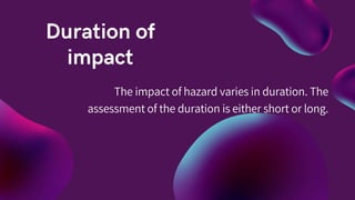 The impact of hazard varies in duration. The
assessment of the duration is either short or long.
 