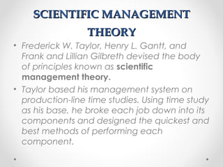 SCIENTIFIC MANAGEMENTSCIENTIFIC MANAGEMENT
THEORYTHEORY
• Frederick W. Taylor, Henry L. Gantt, and
Frank and Lillian Gilbreth devised the body
of principles known as scientific
management theory.
• Taylor based his management system on
production-line time studies. Using time study
as his base, he broke each job down into its
components and designed the quickest and
best methods of performing each
component.
 