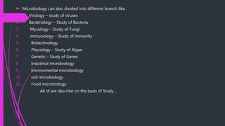  Microbiology can also divided into different branch like..
1. Virology – study of viruses
2. Bacteriology – Study of Bacteria
3. Mycology – Study of Fungi
4. immunology – Study of immunity
5. Biotechnology
6. Phycology – Study of Algae
7. Genetic – Study of Genes
8. Industrial microbiology
9. Environmental microbiology
10. soil microbiology
11. Food microbiology
All of are describe on the basis of Study…
 