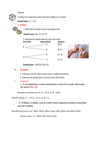 Example:
In rolling a die, listall the possible outcomes in getting even numbers.
Sample Space: { 2, 4, 6}
C. Practice
1. Determine the sample space in tossing two coins.
Sample Space: {HH, HT, TH, TT}
2. Determine the sample space for a two-child Family.
First Child Second Child Outcome
B (B, B)
B
G (B, G )
B (G , B)
G
G (G, G )
Sample Space: { BB, BG, GB, GG }
IV. Evaluation
1. In throwing a fair die, listthe sample space in getting odd numbers.
2. Determine the sample space in having a Three-Child Family.
V. Assignment
1. In an experiment, a card is picked from a stack of six cards, which spell
the word PANG-URI.
Possible outcomes are P, A 1, N, G, U, R 2 and I.
Sample space, S = { P, A 1, N, G, U, R , I.}.
2. Picking 2 marbles, one at a time, from a bag that contains many blue
and red marbles.
Possible outcomes are: (Blue, Blue), (Blue, Red), (Red, Blue) and (Red, Red).
Sample space, S = {(B,B), (B,R), (R,B), (R,R)}.
 
