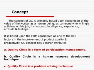 Concept

    The concept of QC is primarily based upon recognition of the
value of the worker as a human being, as someone who willingly
activises on his job, his wisdom, intelligence, experience,
attitude & feelings.

It is based upon the HRM considered as one of the key
factors in the improvement of product quality &
productivity. QC concept has 3 major attributes:

a. Quality Circle is a form of participation management.

b. Quality Circle is a human resource development
technique.

c. Quality Circle is a problem solving technique
 