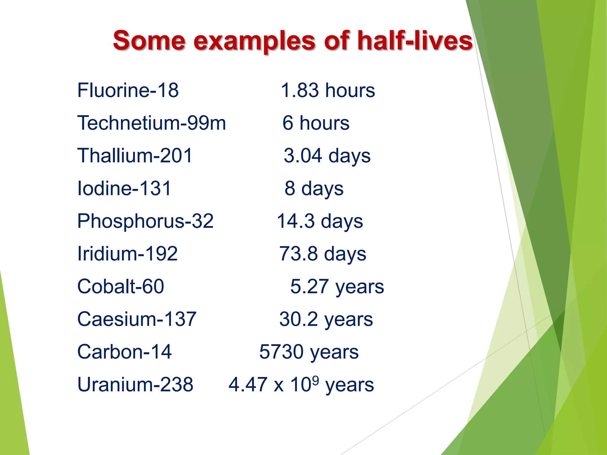 Some examples of half-lives
Fluorine-18 1.83 hours
Technetium-99m 6 hours
Thallium-201 3.04 days
Iodine-131 8 days
Phosphorus-32 14.3 days
Iridium-192 73.8 days
Cobalt-60 5.27 years
Caesium-137 30.2 years
Carbon-14 5730 years
Uranium-238 4.47 x 109 years
 