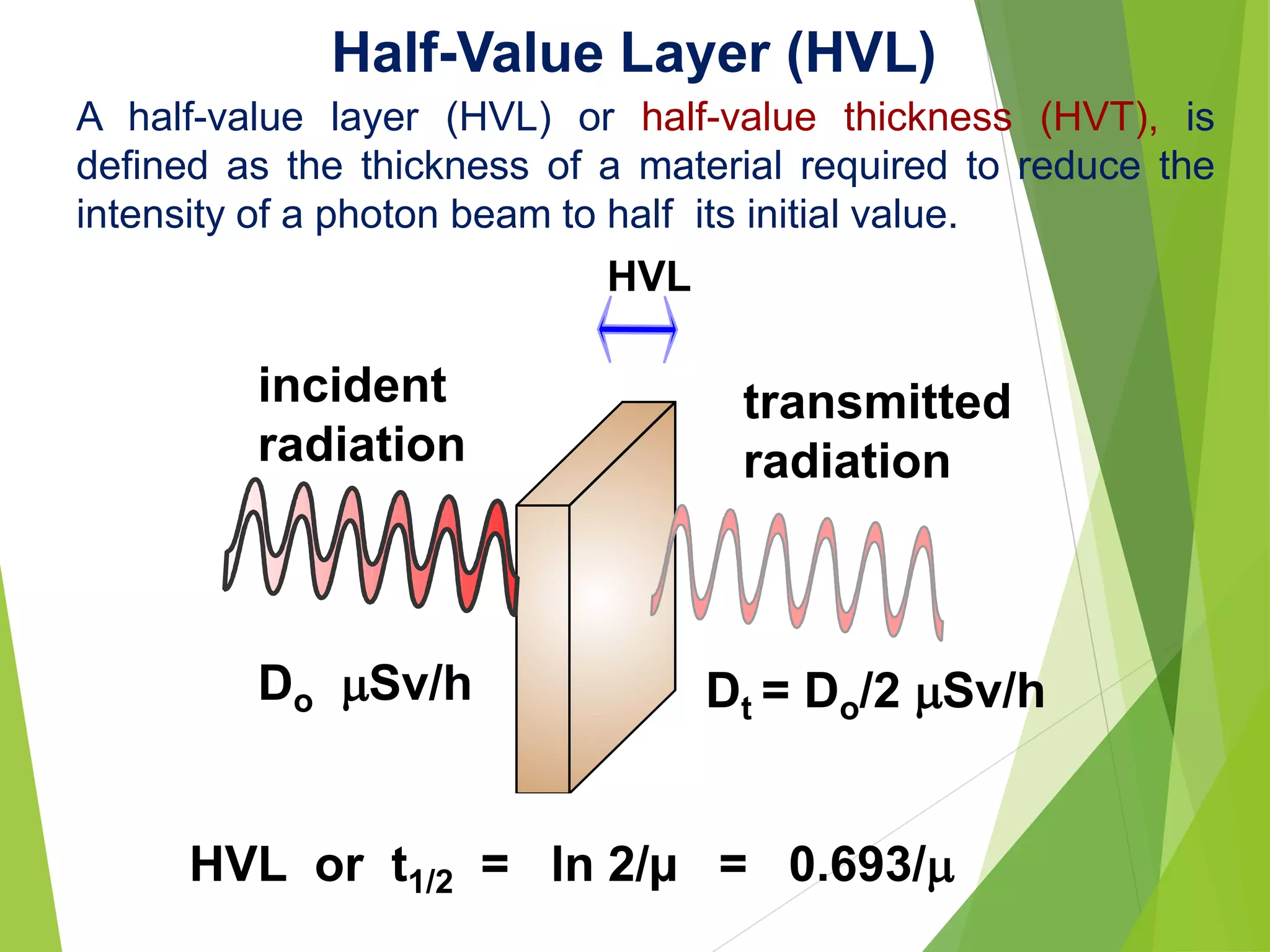 Half-Value Layer (HVL)
incident
radiation
transmitted
radiation
HVL
Do Sv/h Dt = Do/2 Sv/h
A half-value layer (HVL) or half-value thickness (HVT), is
defined as the thickness of a material required to reduce the
intensity of a photon beam to half its initial value.
HVL or t1/2 = ln 2/µ = 0.693/
 