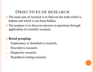 OBJECTIVES OF RESEARCH
 The main aim of research is to find out the truth which is
hidden and which is not been hidden.
 The purpose is to discover answers to questions through
application of scientific research.
 Broad grouping:
1. Exploratory or formulative research.
2. Descriptive research.
3. Diagnostic research.
4. Hypothesis testing research.
 