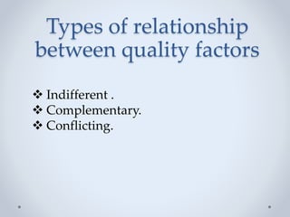Types of relationship
between quality factors
 Indifferent .
 Complementary.
 Conflicting.
 