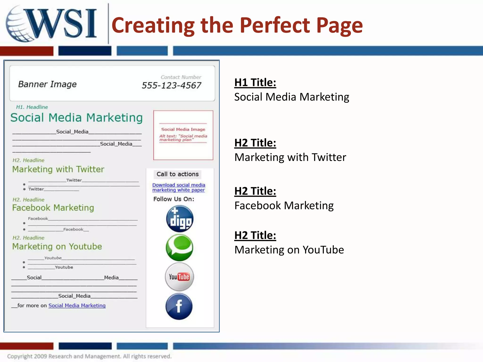 Creating the Perfect Page

            H1 Title:
            Social Media Marketing


            H2 Title:
            Marketing with Twitter

            H2 Title:
            Facebook Marketing

            H2 Title:
            Marketing on YouTube
 