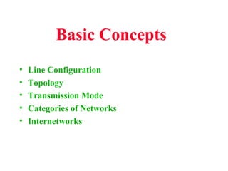 Basic Concepts
•   Line Configuration
•   Topology
•   Transmission Mode
•   Categories of Networks
•   Internetworks
 