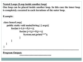 Nested Loops [Loop inside another loop]
One loop can be placed inside another loop. In this case the inner loop
is completely executed in each iterations of the outer loop.
Example:
class InnerLoop{
public static void main(String [ ] args){
for(int i=1;i<=5;i++){
for(int j=1;j<=5;j++){
System.out.print(“*”);
}
}
}
}
------------------------------------------------------------------------------------------
Program Output:
*************************
 