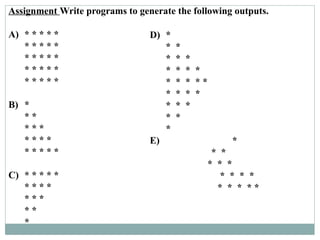 Assignment Write programs to generate the following outputs.
A) * * * * *
* * * * *
* * * * *
* * * * *
* * * * *
B) *
* *
* * *
* * * *
* * * * *
C) * * * * *
* * * *
* * *
* *
*
D) *
* *
* * *
* * * *
* * * * *
* * * *
* * *
* *
*
E) *
* *
* * *
* * * *
* * * * *
 