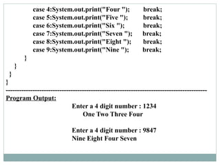 case 4:System.out.print("Four "); break;
case 5:System.out.print("Five "); break;
case 6:System.out.print("Six "); break;
case 7:System.out.print("Seven "); break;
case 8:System.out.print("Eight "); break;
case 9:System.out.print("Nine "); break;
}
}
}
}
------------------------------------------------------------------------------------------
Program Output:
Enter a 4 digit number : 1234
One Two Three Four
Enter a 4 digit number : 9847
Nine Eight Four Seven
 