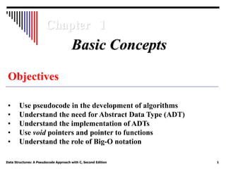 Data Structures: A Pseudocode Approach with C, Second Edition 1
Chapter 1
Objectives
• Use pseudocode in the development of algorithms
• Understand the need for Abstract Data Type (ADT)
• Understand the implementation of ADTs
• Use void pointers and pointer to functions
• Understand the role of Big-O notation
Basic Concepts
 