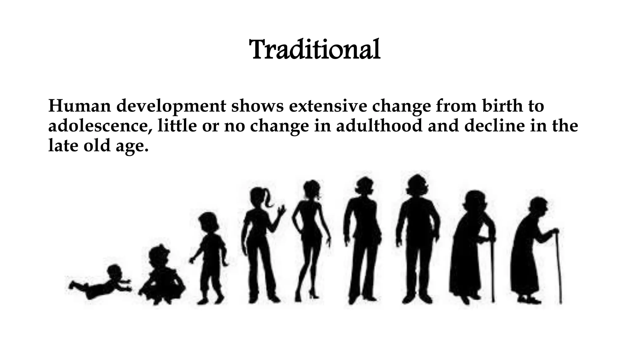 Traditional
Human development shows extensive change from birth to
adolescence, little or no change in adulthood and decline in the
late old age.
 