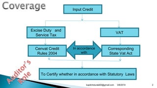 Input Credit
VAT
Excise Duty and
Service Tax
Corresponding
State Vat Act
Cenvat Credit
Rules 2004
To Certify whether in accordance with Statutory Laws
In accordance
with
3/8/2014 2kapilchidurala93@gmail.com
 