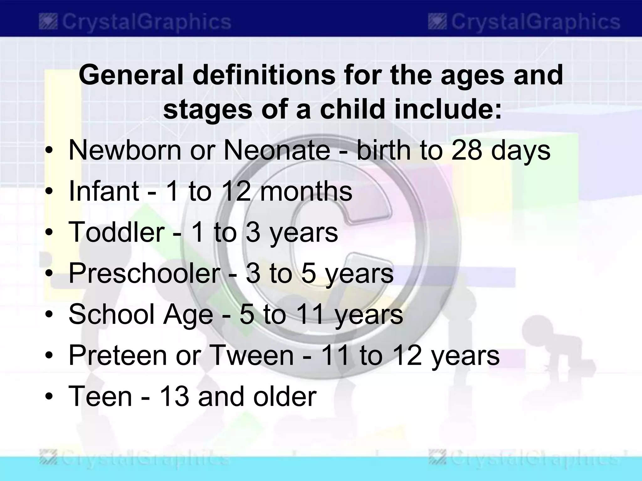 General definitions for the ages and
stages of a child include:
• Newborn or Neonate - birth to 28 days
• Infant - 1 to 12 months
• Toddler - 1 to 3 years
• Preschooler - 3 to 5 years
• School Age - 5 to 11 years
• Preteen or Tween - 11 to 12 years
• Teen - 13 and older
 