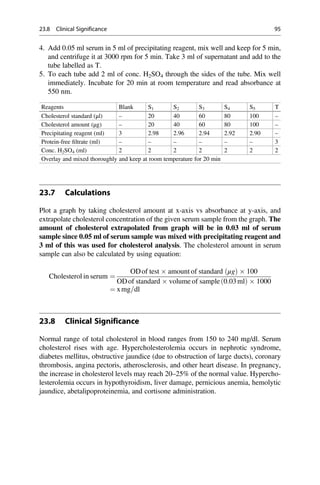 4. Add 0.05 ml serum in 5 ml of precipitating reagent, mix well and keep for 5 min,
and centrifuge it at 3000 rpm for 5 min. Take 3 ml of supernatant and add to the
tube labelled as T.
5. To each tube add 2 ml of conc. H2SO4 through the sides of the tube. Mix well
immediately. Incubate for 20 min at room temperature and read absorbance at
550 nm.
Reagents Blank S1 S2 S3 S4 S5 T
Cholesterol standard (μl) – 20 40 60 80 100 –
Cholesterol amount (μg) – 20 40 60 80 100 –
Precipitating reagent (ml) 3 2.98 2.96 2.94 2.92 2.90 –
Protein-free ﬁltrate (ml) – – – – – – 3
Conc. H2SO4 (ml) 2 2 2 2 2 2 2
Overlay and mixed thoroughly and keep at room temperature for 20 min
23.7 Calculations
Plot a graph by taking cholesterol amount at x-axis vs absorbance at y-axis, and
extrapolate cholesterol concentration of the given serum sample from the graph. The
amount of cholesterol extrapolated from graph will be in 0.03 ml of serum
sample since 0.05 ml of serum sample was mixed with precipitating reagent and
3 ml of this was used for cholesterol analysis. The cholesterol amount in serum
sample can also be calculated by using equation:
Cholesterol in serum ¼
ODof test  amount of standard μg
ð Þ  100
ODof standard  volume of sample 0:03ml
ð Þ  1000
¼ xmg=dl
23.8 Clinical Significance
Normal range of total cholesterol in blood ranges from 150 to 240 mg/dl. Serum
cholesterol rises with age. Hypercholesterolemia occurs in nephrotic syndrome,
diabetes mellitus, obstructive jaundice (due to obstruction of large ducts), coronary
thrombosis, angina pectoris, atherosclerosis, and other heart disease. In pregnancy,
the increase in cholesterol levels may reach 20–25% of the normal value. Hypercho-
lesterolemia occurs in hypothyroidism, liver damage, pernicious anemia, hemolytic
jaundice, abetalipoproteinemia, and cortisone administration.
23.8 Clinical Significance 95
 