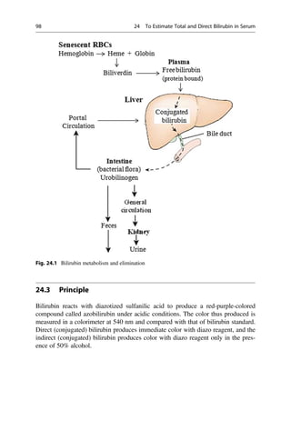 24.3 Principle
Bilirubin reacts with diazotized sulfanilic acid to produce a red-purple-colored
compound called azobilirubin under acidic conditions. The color thus produced is
measured in a colorimeter at 540 nm and compared with that of bilirubin standard.
Direct (conjugated) bilirubin produces immediate color with diazo reagent, and the
indirect (conjugated) bilirubin produces color with diazo reagent only in the pres-
ence of 50% alcohol.
Fig. 24.1 Bilirubin metabolism and elimination
98 24 To Estimate Total and Direct Bilirubin in Serum
 