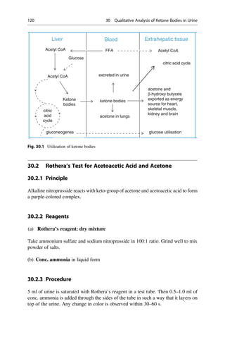 30.2 Rothera’s Test for Acetoacetic Acid and Acetone
30.2.1 Principle
Alkaline nitroprusside reacts with keto-group of acetone and acetoacetic acid to form
a purple-colored complex.
30.2.2 Reagents
(a) Rothera’s reagent: dry mixture
Take ammonium sulfate and sodium nitroprusside in 100:1 ratio. Grind well to mix
powder of salts.
(b) Conc. ammonia in liquid form
30.2.3 Procedure
5 ml of urine is saturated with Rothera’s reagent in a test tube. Then 0.5–1.0 ml of
conc. ammonia is added through the sides of the tube in such a way that it layers on
top of the urine. Any change in color is observed within 30–60 s.
gluconeogenes
citric
acid
cycle
Ketone
bodies
Acetyl CoA
Acetyl CoA
Liver Blood Extrahepatic tissue
Glucose
FFA
excreted in urine
citric acid cycle
Acetyl CoA
ketone bodies
acetone in lungs
glucose utilisation
acetone and
β-hydroxy butyrate
exported as energy
source for heart,
skeletal muscle,
kidney and brain
Fig. 30.1 Utilization of ketone bodies
120 30 Qualitative Analysis of Ketone Bodies in Urine
 