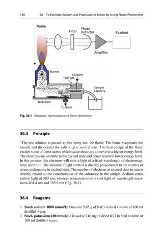 36.3 Principle
“The test solution is passed as ﬁne spray into the ﬂame. The ﬂame evaporates the
sample and dissociates the salts to give neutral ions. The heat energy of the ﬂame
excites some of these atoms which cause electrons to move to a higher energy level.
The electrons are unstable in the excited state and hence return to lower energy level.
In this process, the electrons will emit a light of a ﬁxed wavelength of electromag-
netic spectrum. The amount of light emitted is directly proportional to the number of
atoms undergoing in excited state. The number of electrons in excited state in turn is
directly related to the concentration of the substance in the sample. Sodium emits
yellow light of 589 nm, whereas potassium emits violet light of wavelength maxi-
mum 404.4 nm and 765.9 nm (Fig. 36.1).
36.4 Reagents
1. Stock sodium 1000 mmol/L: Dissolve 5.85 g of NaCl in ﬁnal volume of 100 ml
distilled water.
2. Stock potassium 100 mmol/L: Dissolve 746 mg of dried KCl in ﬁnal volume of
100 ml distilled water.
Fig. 36.1 Schematic representation of ﬂame photometer
148 36 To Estimate Sodium and Potassium in Serum by Using Flame Photometer
 