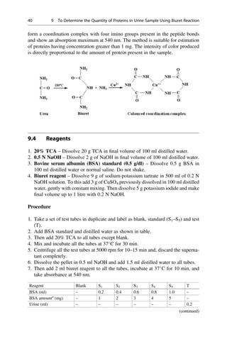 form a coordination complex with four imino groups present in the peptide bonds
and show an absorption maximum at 540 nm. The method is suitable for estimation
of proteins having concentration greater than 1 mg. The intensity of color produced
is directly proportional to the amount of protein present in the sample.
9.4 Reagents
1. 20% TCA – Dissolve 20 g TCA in ﬁnal volume of 100 ml distilled water.
2. 0.5 N NaOH – Dissolve 2 g of NaOH in ﬁnal volume of 100 ml distilled water.
3. Bovine serum albumin (BSA) standard (0.5 g/dl) – Dissolve 0.5 g BSA in
100 ml distilled water or normal saline. Do not shake.
4. Biuret reagent – Dissolve 9 g of sodium-potassium tartrate in 500 ml of 0.2 N
NaOH solution. To this add 3 g of CuSO4 previously dissolved in 100 ml distilled
water, gently with constant mixing. Then dissolve 5 g potassium iodide and make
ﬁnal volume up to 1 litre with 0.2 N NaOH.
Procedure
1. Take a set of test tubes in duplicate and label as blank, standard (S1–S5) and test
(T).
2. Add BSA standard and distilled water as shown in table.
3. Then add 20% TCA to all tubes except blank.
4. Mix and incubate all the tubes at 37
C for 30 min.
5. Centrifuge all the test tubes at 5000 rpm for 10–15 min and, discard the superna-
tant completely.
6. Dissolve the pellet in 0.5 ml NaOH and add 1.5 ml distilled water to all tubes.
7. Then add 2 ml biuret reagent to all the tubes, incubate at 37
C for 10 min, and
take absorbance at 540 nm.
Reagent Blank S1 S2 S3 S4 S5 T
BSA (ml) – 0.2 0.4 0.6 0.8 1.0 –
BSA amounta
(mg) – 1 2 3 4 5 –
Urine (ml) – – – – – – 0.2
(continued)
40 9 To Determine the Quantity of Proteins in Urine Sample Using Biuret Reaction
 