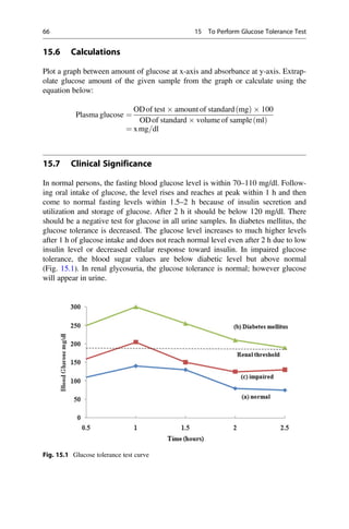 15.6 Calculations
Plot a graph between amount of glucose at x-axis and absorbance at y-axis. Extrap-
olate glucose amount of the given sample from the graph or calculate using the
equation below:
Plasma glucose ¼
ODof test  amount of standard mg
ð Þ  100
ODof standard  volume of sample ml
ð Þ
¼ xmg=dl
15.7 Clinical Significance
In normal persons, the fasting blood glucose level is within 70–110 mg/dl. Follow-
ing oral intake of glucose, the level rises and reaches at peak within 1 h and then
come to normal fasting levels within 1.5–2 h because of insulin secretion and
utilization and storage of glucose. After 2 h it should be below 120 mg/dl. There
should be a negative test for glucose in all urine samples. In diabetes mellitus, the
glucose tolerance is decreased. The glucose level increases to much higher levels
after 1 h of glucose intake and does not reach normal level even after 2 h due to low
insulin level or decreased cellular response toward insulin. In impaired glucose
tolerance, the blood sugar values are below diabetic level but above normal
(Fig. 15.1). In renal glycosuria, the glucose tolerance is normal; however glucose
will appear in urine.
Fig. 15.1 Glucose tolerance test curve
66 15 To Perform Glucose Tolerance Test
 