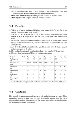 Mix 35 ml of solution A with 35 ml of solution B, and make up to 500 ml with
distilled water. Store in a brown bottle at room temperature.
3. Stock urea standard: Prepare 100 mg/dl urea solution in distilled water.
4. Working standard: Prepare 2.5 mg/dl working solution.
16.5 Procedure
1. Take a set of nine test tubes and label as blank, standard (S1–S6), test for serum
sample (Ts), and test for urine sample (Tu).
2. Add 0.1, 0.2, 0.4, 0.6, 0.8, and 1.0 ml of working urea standard into the tubes
labeled as S1 to S6, respectively, and make the ﬁnal volume 2 ml with distilled
water.
3. In Ts add 0.2 ml diluted serum sample (1:10) and 0.4 ml of diluted urine sample
(1:100) to the tube marked as TU, and make the volume of each tube to 2 ml with
distilled water.
4. Add 2 ml of distilled water in blank tube, and then add 2 ml each of acid reagent
and color reagent to all tubes.
5. Mix well and incubate all the tubes in boiling water bath for 20
C and cool.
6. Measure the absorbance at 520 nm in a spectrophotometer.
Reagents Blank S1 S2 S3 S4 S5 S6 TS TU
Working urea
(ml)
– 0.1 0.2 0.4 0.6 0.8 1.0 – –
Amount of urea
(mg)
– 0.0025 0.005 0.010 0.015 0.020 0.025
Serum/urine
(ml)
– – – – – – – 0.2 0.4
Distilled water
(ml)
2 1.9 1.8 1.6 1.4 1.2 1 1.8 1.6
Acid reagent
(ml)
2 2 2 2 2 2 2 2 2
Color reagent
(ml)
2 2 2 2 2 2 2 2 2
Mix well and keep in boiling water bath for 20 min, and cool and read absorbance at 520 nm
16.6 Calculations
Plot a graph between amount of urea at x-axis and absorbance at y-axis. Then
extrapolate amount of urea from the given serum/urine sample from the graph
(include dilution factor for calculation). The urea concentration can also be calcu-
lated by using the following equation:
16.6 Calculations 69
 
