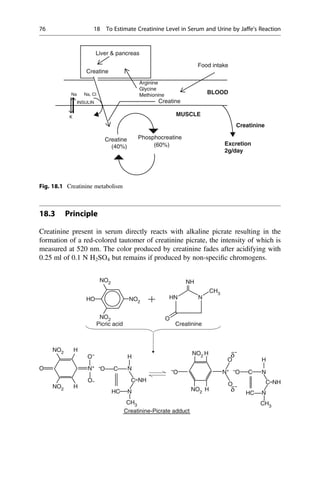 18.3 Principle
Creatinine present in serum directly reacts with alkaline picrate resulting in the
formation of a red-colored tautomer of creatinine picrate, the intensity of which is
measured at 520 nm. The color produced by creatinine fades after acidifying with
0.25 ml of 0.1 N H2SO4 but remains if produced by non-speciﬁc chromogens.
NO2
HO
NH
HN N
O
O
O
H
H
H
H
HC
NH
H
O C
C
N
N+
N
N+
N
H
NH
N
O
Creatinine
Picric acid
NO2
NO2
NO2 NO2
CH3
NO2
CH3
NO2
CH3
O
Creatinine-Picrate adduct
O
C
O
O
C
HC
δ
δ
= =
Liver  pancreas
Creatine
Creatine
BLOOD
MUSCLE
Creatinine
Excretion
2g/day
Creatine
(40%) (60%)
Phosphocreatine
Food intake
Na
K
INSULIN
Na, Cl
Arginine
Glycine
Methionine
Fig. 18.1 Creatinine metabolism
76 18 To Estimate Creatinine Level in Serum and Urine by Jaffe’s Reaction
 