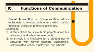 30 Functions of Communication
• Social Interaction – Communication allows
individuals to interact with others which builds,
develops, and strengthens relationships.
Examples:
1. A student has to talk with his parents about his
allowance and school requirements.
2. In school, it is inevitable for a student not to
converse with his/her teachers, classmates,
schoolmates, school employees, and officials.
 