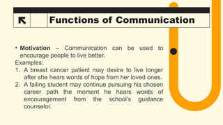 31 Functions of Communication
• Motivation – Communication can be used to
encourage people to live better.
Examples:
1. A breast cancer patient may desire to live longer
after she hears words of hope from her loved ones.
2. A failing student may continue pursuing his chosen
career path the moment he hears words of
encouragement from the school’s guidance
counselor.
 