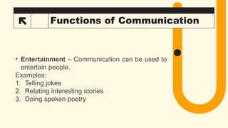 34 Functions of Communication
• Entertainment – Communication can be used to
entertain people.
Examples:
1. Telling jokes
2. Relating interesting stories
3. Doing spoken poetry
 