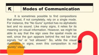 6 Modes of Communication
It is sometimes possible to find compositions
that almost, if not completely, rely on a single mode.
For instance, the “No Guns” symbol has no alphabetic
text and no sound. Like many signs, it relies for its
meaning on visual information. However, we might be
able to say that the sign uses the spatial mode as
well, since the gun appears behind the red bar that
signals “no” or “not allowed.” So, while the visual
dominates in signs, even this composition is not
“purely” visual.
 