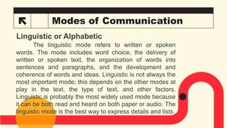 9 Modes of Communication
Linguistic or Alphabetic
The linguistic mode refers to written or spoken
words. The mode includes word choice, the delivery of
written or spoken text, the organization of words into
sentences and paragraphs, and the development and
coherence of words and ideas. Linguistic is not always the
most important mode; this depends on the other modes at
play in the text, the type of text, and other factors.
Linguistic is probably the most widely used mode because
it can be both read and heard on both paper or audio. The
linguistic mode is the best way to express details and lists.
 