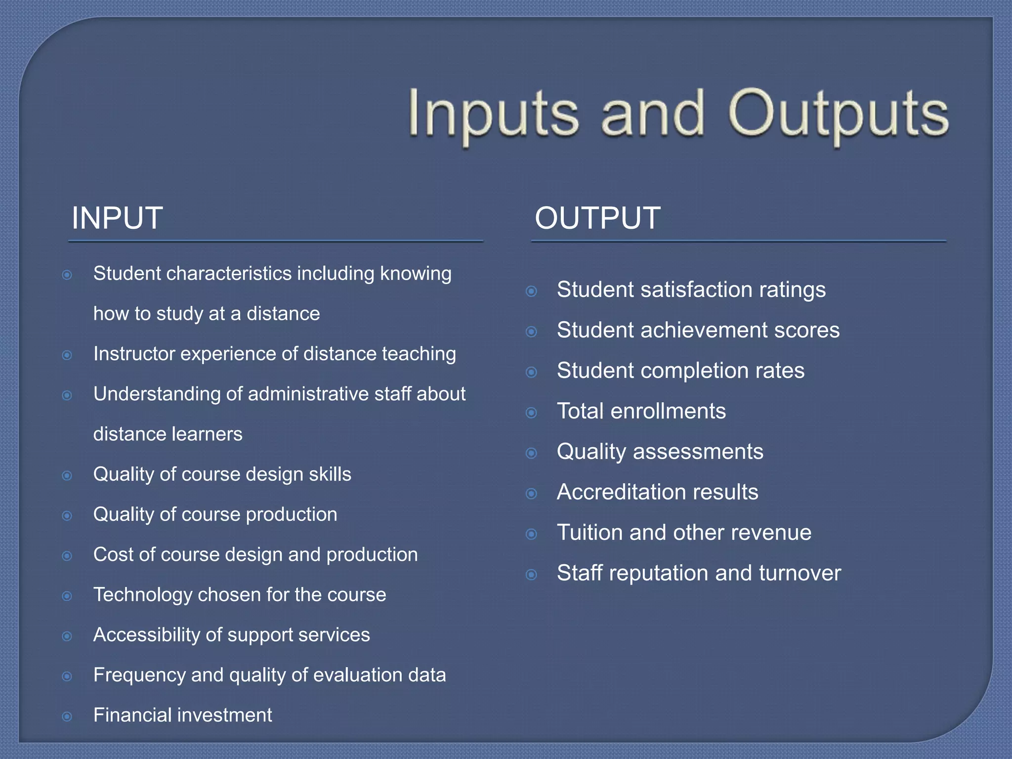 INPUT OUTPUT
 Student characteristics including knowing
how to study at a distance
 Instructor experience of distance teaching
 Understanding of administrative staff about
distance learners
 Quality of course design skills
 Quality of course production
 Cost of course design and production
 Technology chosen for the course
 Accessibility of support services
 Frequency and quality of evaluation data
 Financial investment
 Student satisfaction ratings
 Student achievement scores
 Student completion rates
 Total enrollments
 Quality assessments
 Accreditation results
 Tuition and other revenue
 Staff reputation and turnover
 