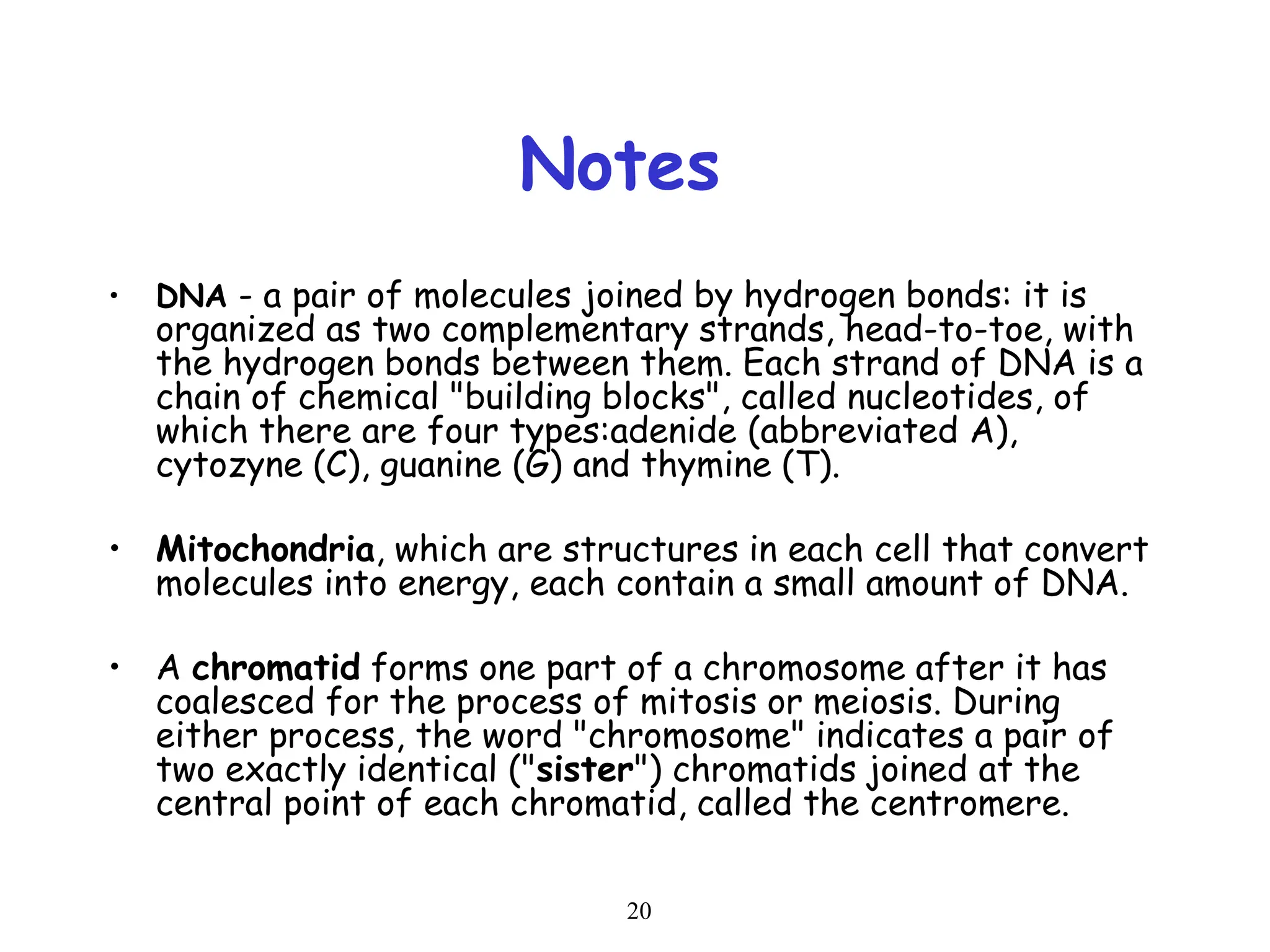 20
Notes
• DNA - a pair of molecules joined by hydrogen bonds: it is
organized as two complementary strands, head-to-toe, with
the hydrogen bonds between them. Each strand of DNA is a
chain of chemical "building blocks", called nucleotides, of
which there are four types:adenide (abbreviated A),
cytozyne (C), guanine (G) and thymine (T).
• Mitochondria, which are structures in each cell that convert
molecules into energy, each contain a small amount of DNA.
• A chromatid forms one part of a chromosome after it has
coalesced for the process of mitosis or meiosis. During
either process, the word "chromosome" indicates a pair of
two exactly identical ("sister") chromatids joined at the
central point of each chromatid, called the centromere.
 