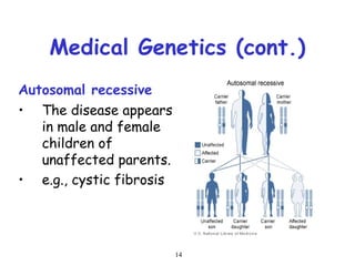 14
Medical Genetics (cont.)
Autosomal recessive
• The disease appears
in male and female
children of
unaffected parents.
• e.g., cystic fibrosis
 