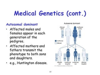 15
Medical Genetics (cont.)
Autosomal dominant
• Affected males and
females appear in each
generation of the
pedigree.
• Affected mothers and
fathers transmit the
phenotype to both sons
and daughters.
• e.g., Huntington disease.
 