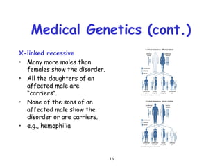16
Medical Genetics (cont.)
X-linked recessive
• Many more males than
females show the disorder.
• All the daughters of an
affected male are
“carriers”.
• None of the sons of an
affected male show the
disorder or are carriers.
• e.g., hemophilia
 