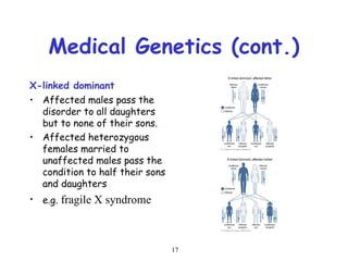 17
Medical Genetics (cont.)
X-linked dominant
• Affected males pass the
disorder to all daughters
but to none of their sons.
• Affected heterozygous
females married to
unaffected males pass the
condition to half their sons
and daughters
• e.g. fragile X syndrome
 