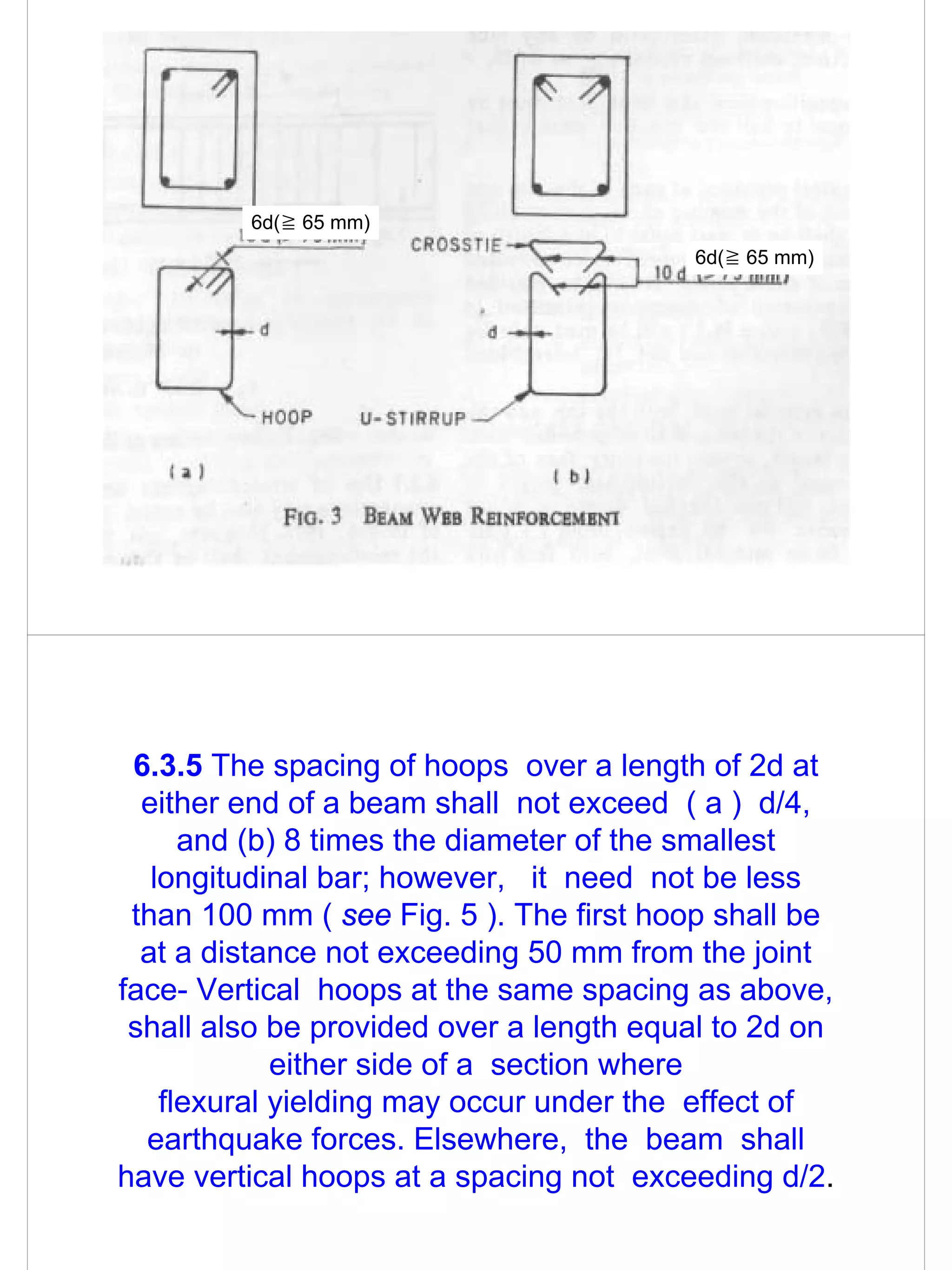 6d(! 65 mm)
                                         6d(! 65 mm)




 6.3.5 The spacing of hoops over a length of 2d at
  either end of a beam shall not exceed ( a ) d/4,
      and (b) 8 times the diameter of the smallest
   longitudinal bar; however, it need not be less
 than 100 mm ( see Fig. 5 ). The first hoop shall be
  at a distance not exceeding 50 mm from the joint
face- Vertical hoops at the same spacing as above,
 shall also be provided over a length equal to 2d on
             either side of a section where
    flexural yielding may occur under the effect of
  earthquake forces. Elsewhere, the beam shall
have vertical hoops at a spacing not exceeding d/2.
 