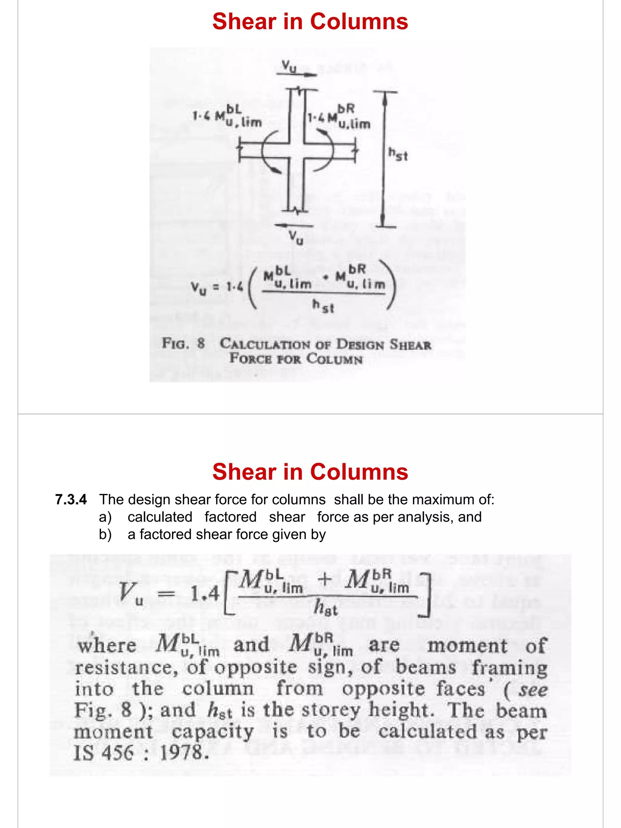 Shear in Columns




                       Shear in Columns
7.3.4 The design shear force for columns shall be the maximum of:
      a) calculated factored shear force as per analysis, and
      b) a factored shear force given by
 