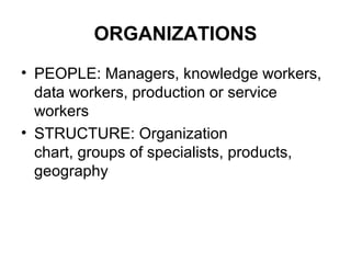 ORGANIZATIONS
• PEOPLE: Managers, knowledge workers,
data workers, production or service
workers
• STRUCTURE: Organization
chart, groups of specialists, products,
geography
 