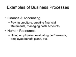Examples of Business Processes
• Finance & Accounting
– Paying creditors, creating financial
statements, managing cash accounts
• Human Resources
– Hiring employees, evaluating performance,
employee benefit plans, etc.
 